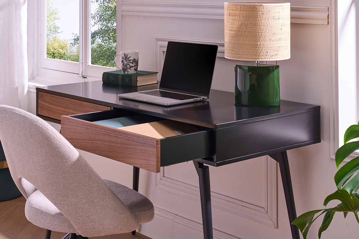 Bureau avec rangements 2 tiroirs design noir mat et bois fonc noyer L120 cm TRIPOLI