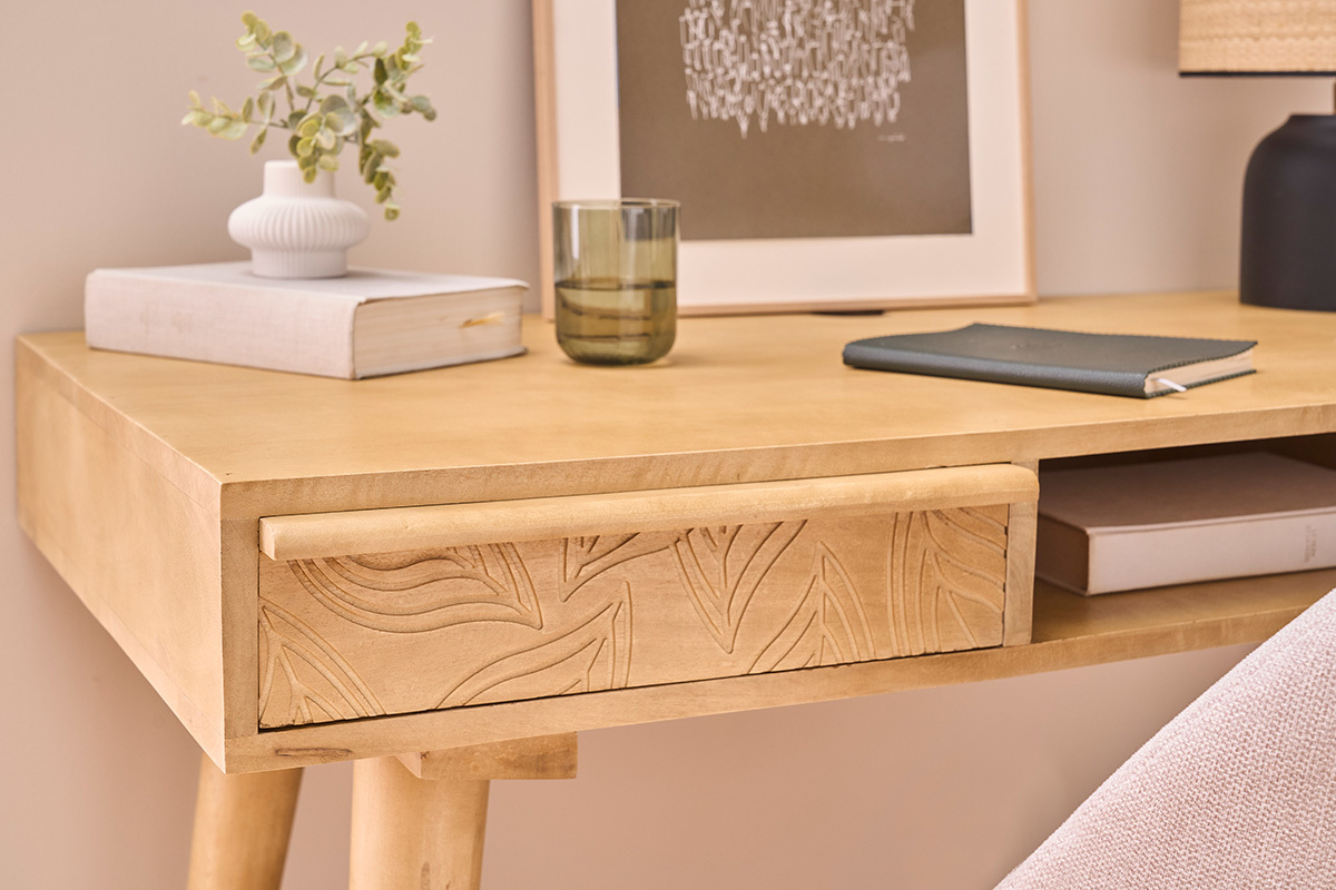 Bureau avec rangements 2 tiroirs ethnique bois manguier massif grav L120 cm KAFFIR