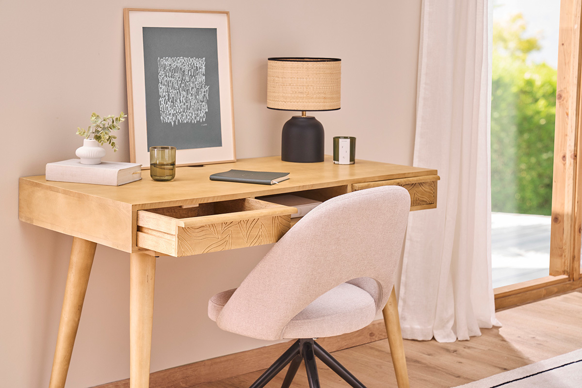 Bureau avec rangements 2 tiroirs ethnique bois manguier massif grav L120 cm KAFFIR