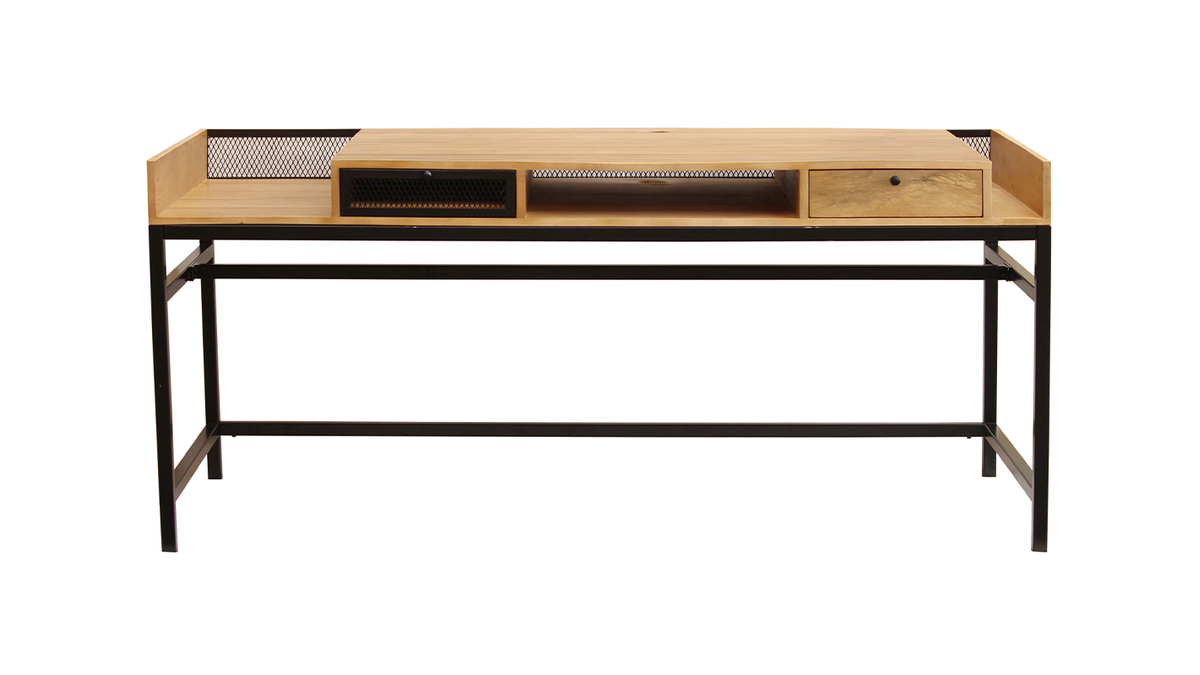 Bureau avec rangements 2 tiroirs industriel bois manguier massif et métal noir L180 cm RACK