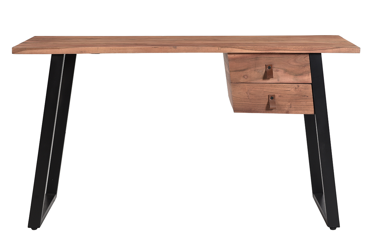 Bureau avec rangements 2 tiroirs industriel bois massif et m�tal noir L140 cm GINGER