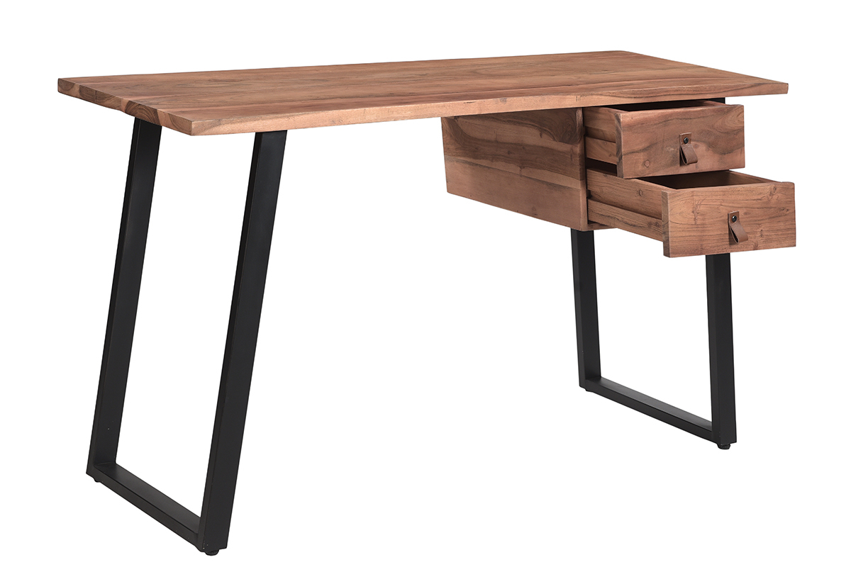 Bureau avec rangements 2 tiroirs industriel bois massif et m�tal noir L140 cm GINGER