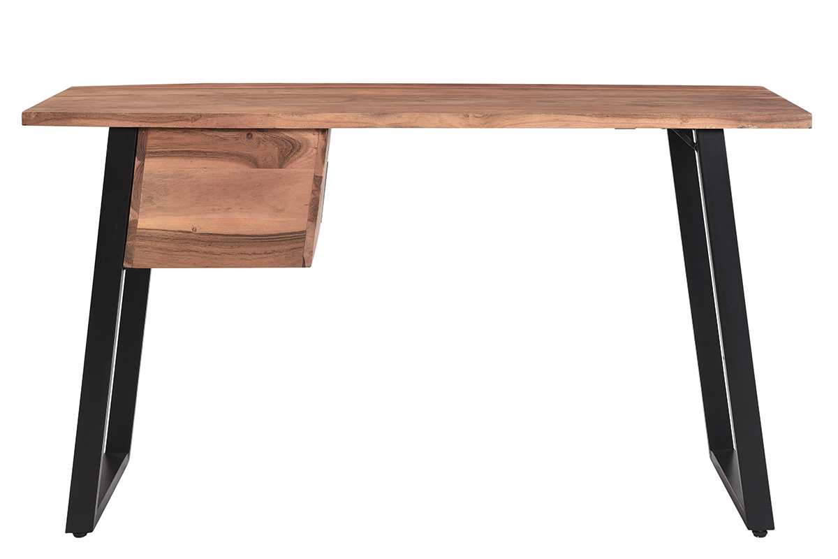 Bureau avec rangements 2 tiroirs industriel bois massif et m�tal noir L140 cm GINGER