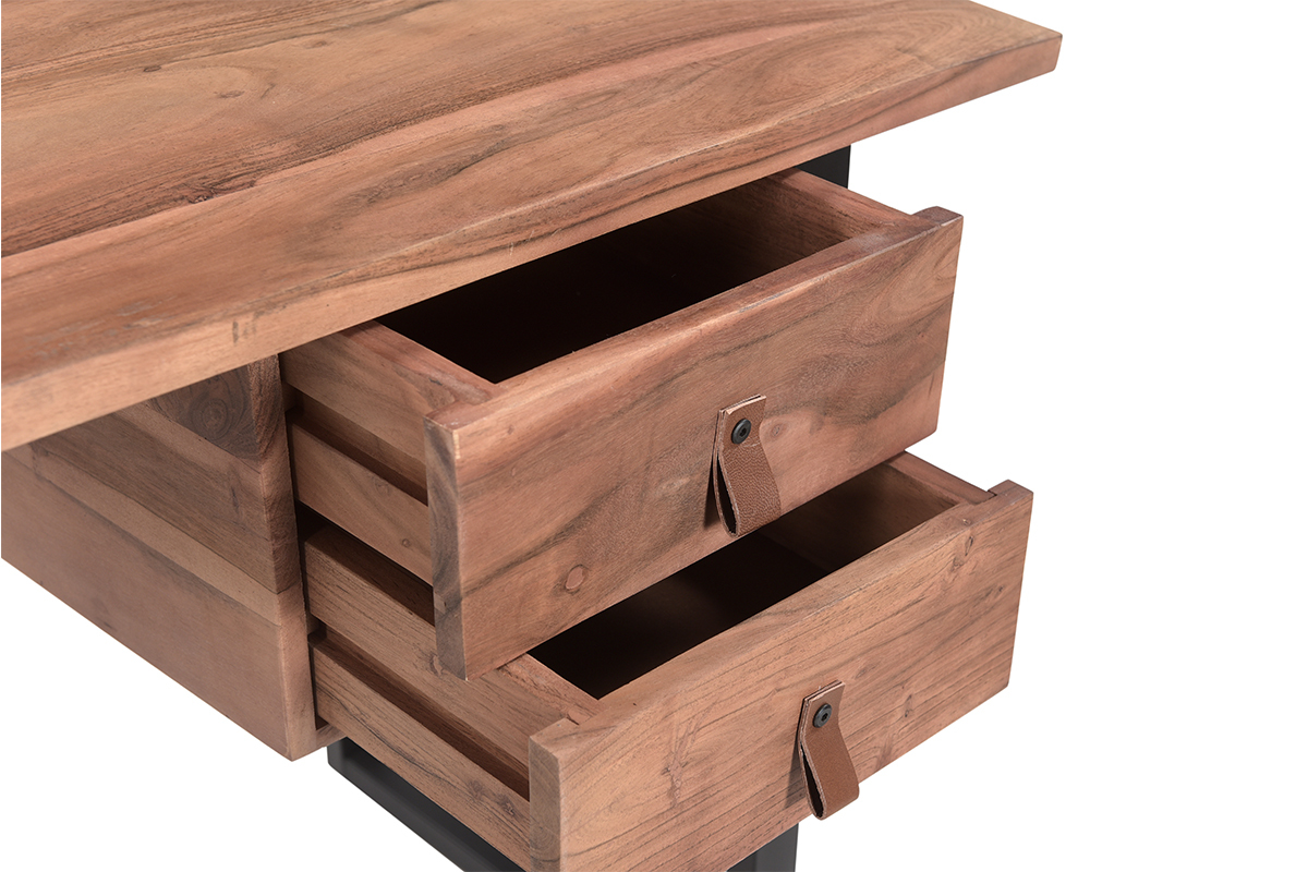 Bureau avec rangements 2 tiroirs industriel bois massif et m�tal noir L140 cm GINGER