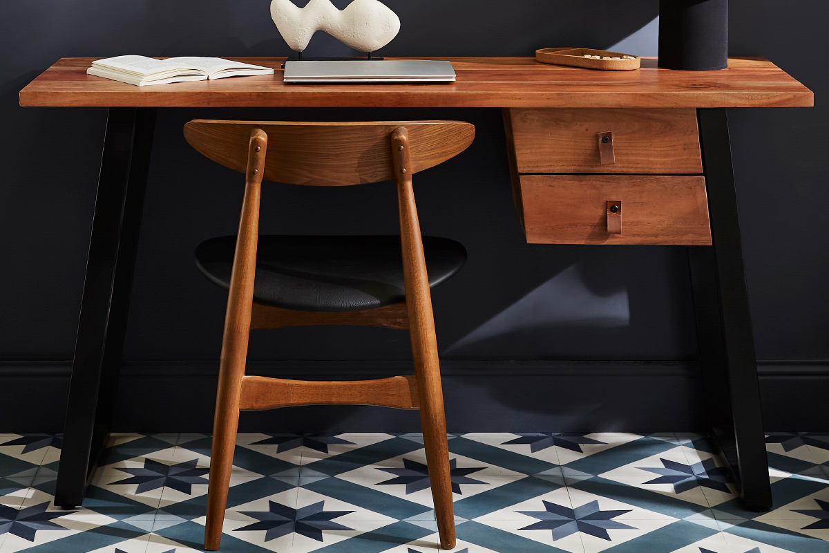 Bureau avec rangements 2 tiroirs industriel bois massif et m�tal noir L140 cm GINGER