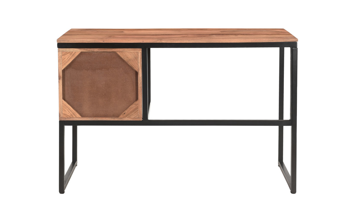 Bureau avec rangements 2 tiroirs industriel en bois massif et métal noir L115 cm HOORN