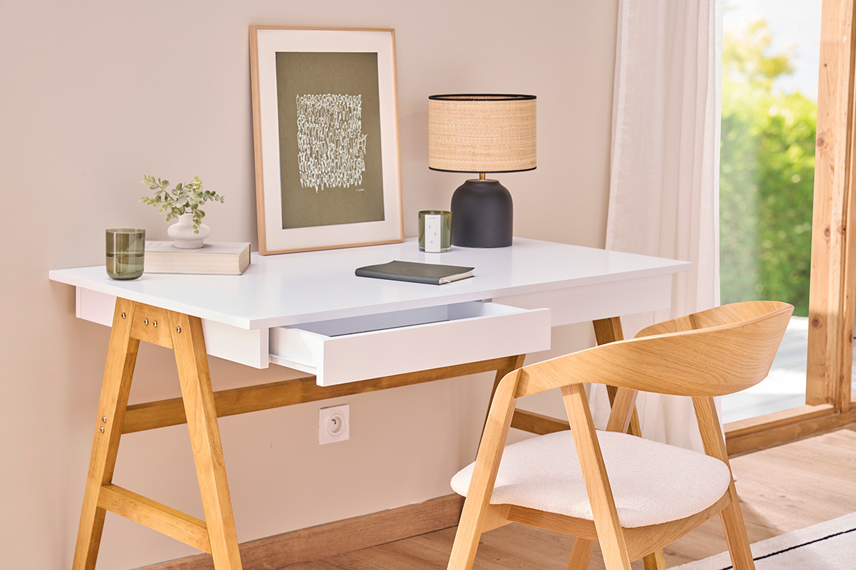 Bureau avec rangements 2 tiroirs scandinave blanc et bois clair chne L120 cm BROOK