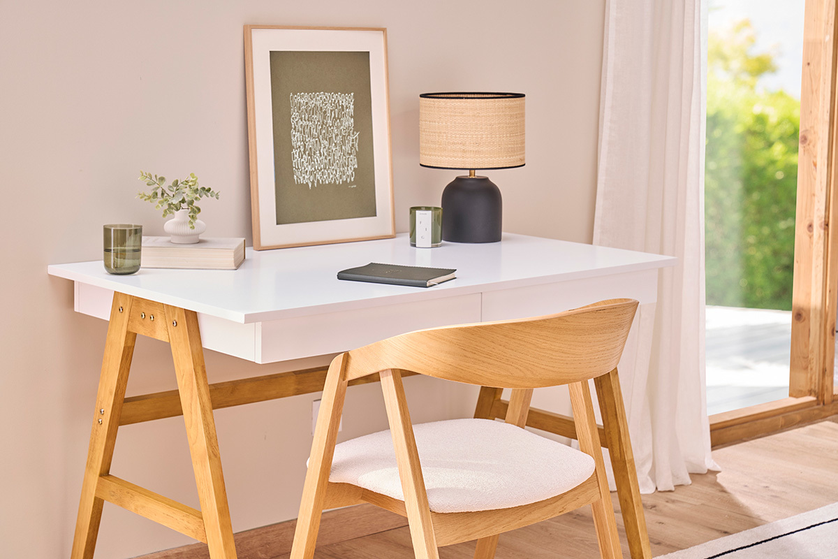 Bureau avec rangements 2 tiroirs scandinave blanc et bois clair chne L120 cm BROOK