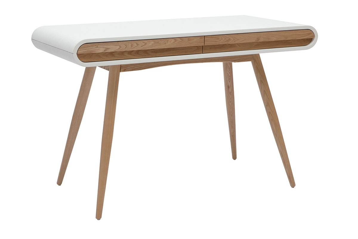 Bureau scandinave bois clair et blanc avec 2 tiroirs, vue de 3/4.