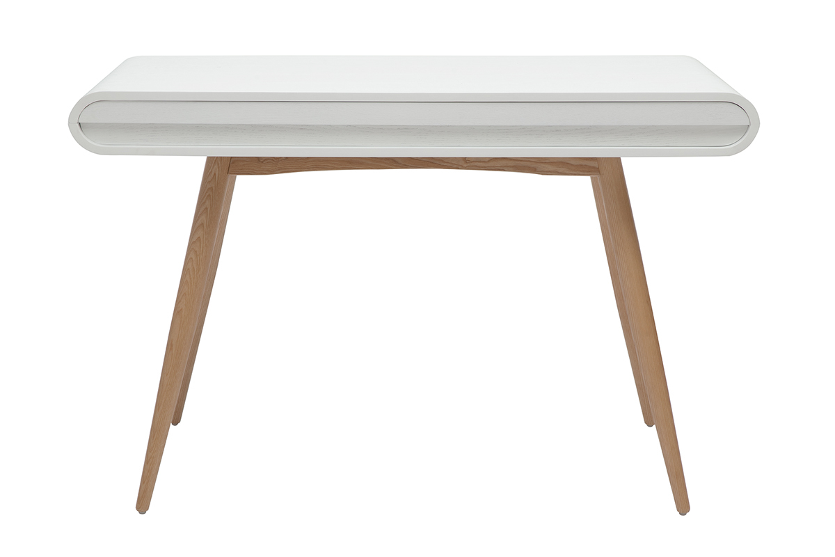 Bureau scandinave en bois clair et blanc avec pieds en fr�ne, vue de dos.
