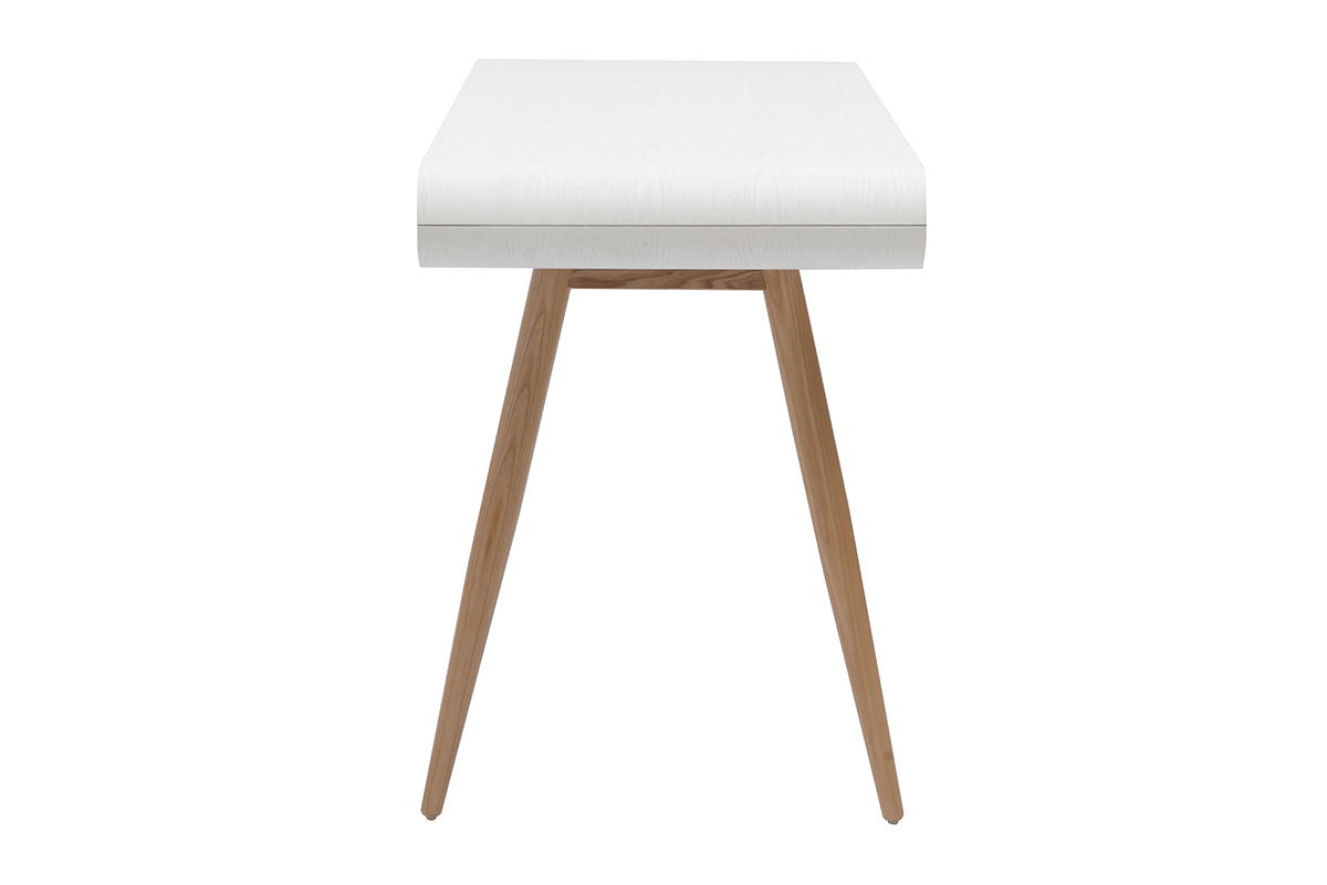 Bureau scandinave en bois clair et blanc, vue de profil.