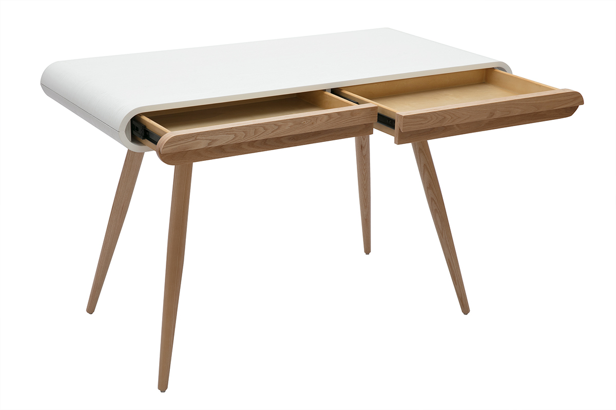 Bureau scandinave bois clair et blanc avec 2 tiroirs ouverts, vue de 3/4.
