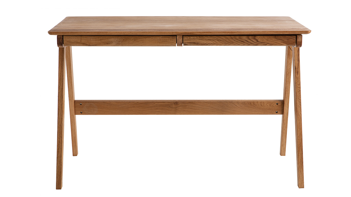 Bureau avec rangements 2 tiroirs vintage bois clair chêne massif L120 cm CASSIA