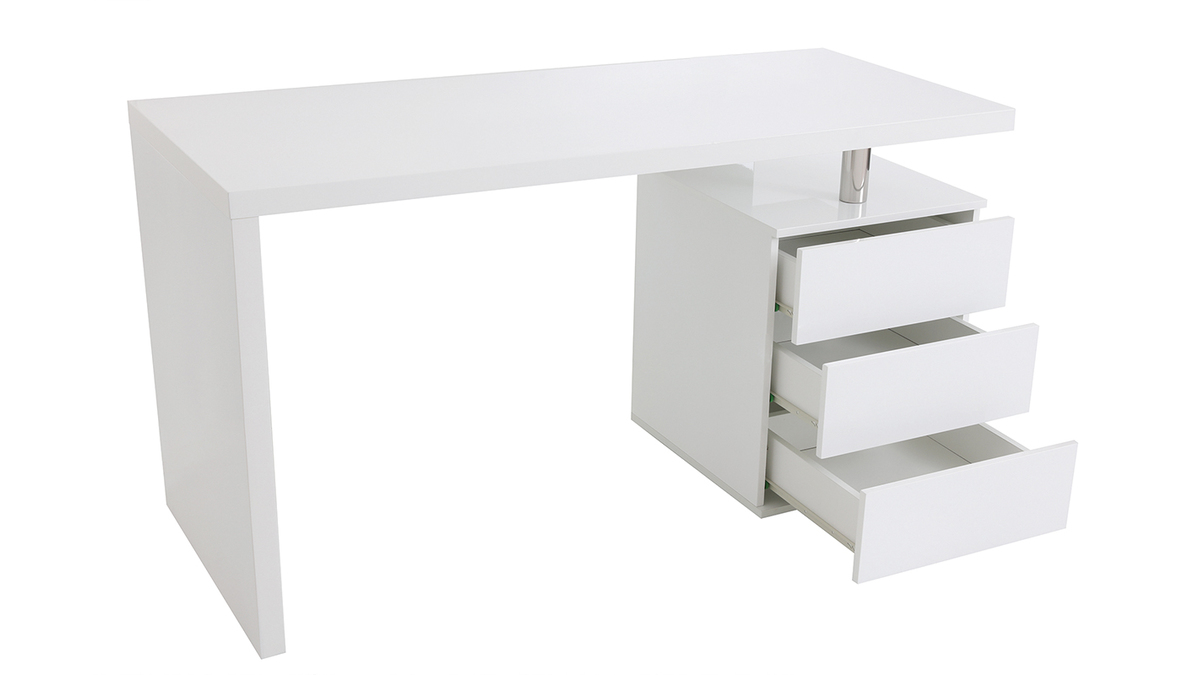 Bureau avec rangements 3 tiroirs design blanc laqué brillant L140 cm CALIX