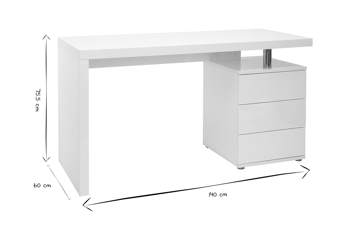 Bureau blanc laqu L140 cm avec 3 tiroirs, dimensions indiques, vue de ct, en noir et blanc.