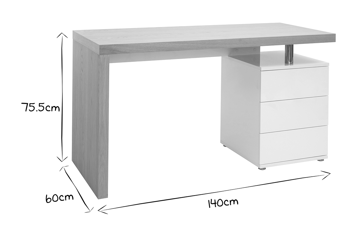 Bureau en bois chne avec 3 tiroirs, dimensions 140x60x75,5 cm, en noir et blanc.