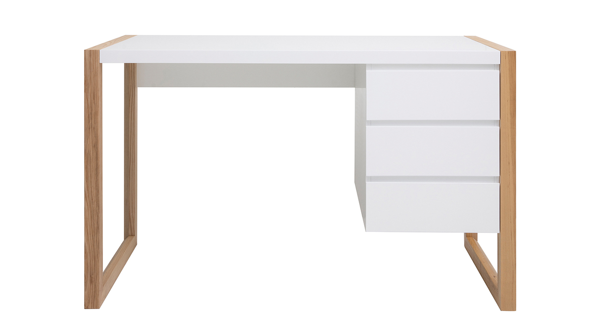 Bureau avec rangements 3 tiroirs scandinave blanc mat et bois