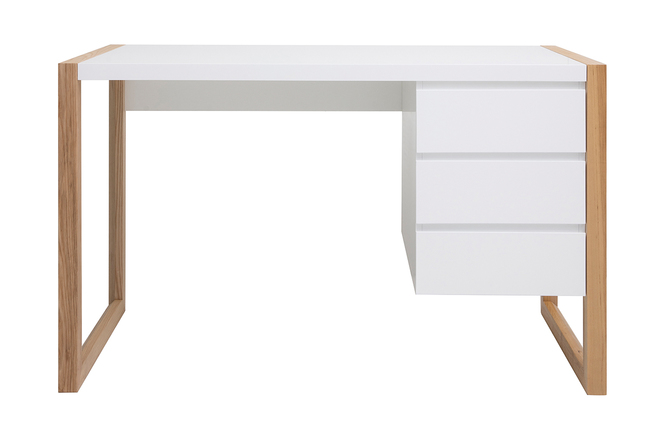 Bureau avec rangements 3 tiroirs scandinave blanc mat et bois clair frêne  massif L130 cm ARMEL - Miliboo