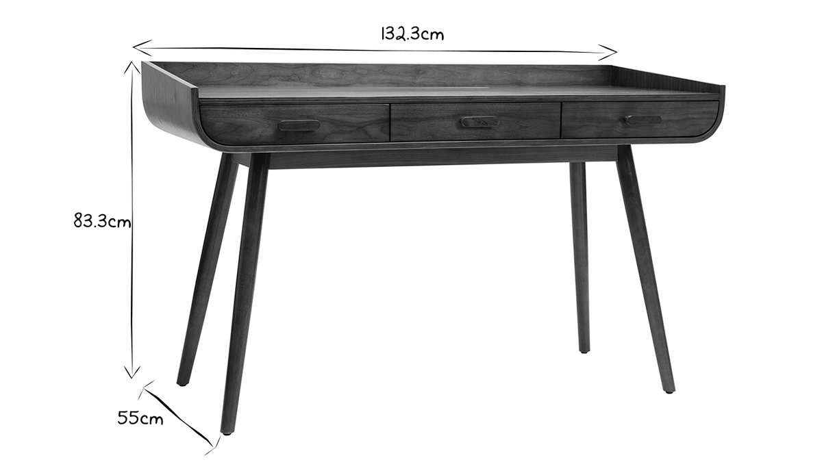 Bureau avec rangements 3 tiroirs vintage bois foncé noyer L132 cm HALLEN -  Miliboo