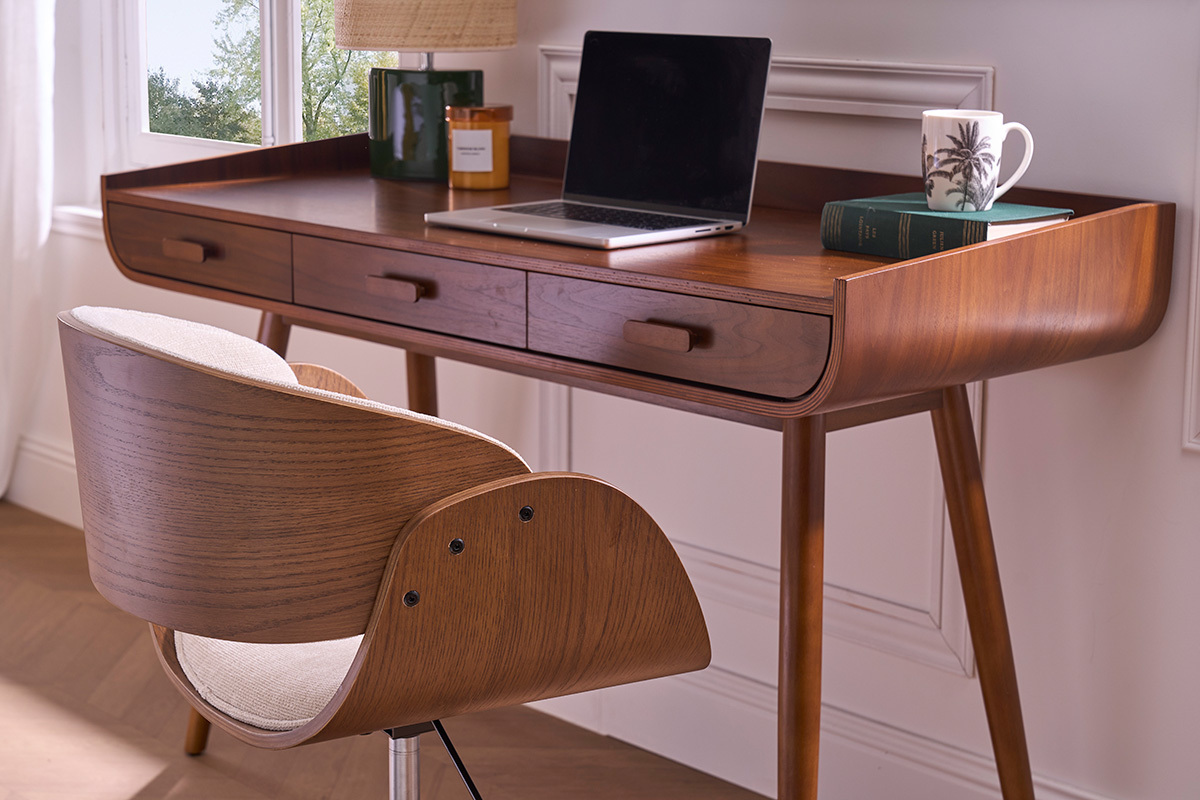 Bureau avec rangements 3 tiroirs vintage bois fonc noyer L132 cm HALLEN