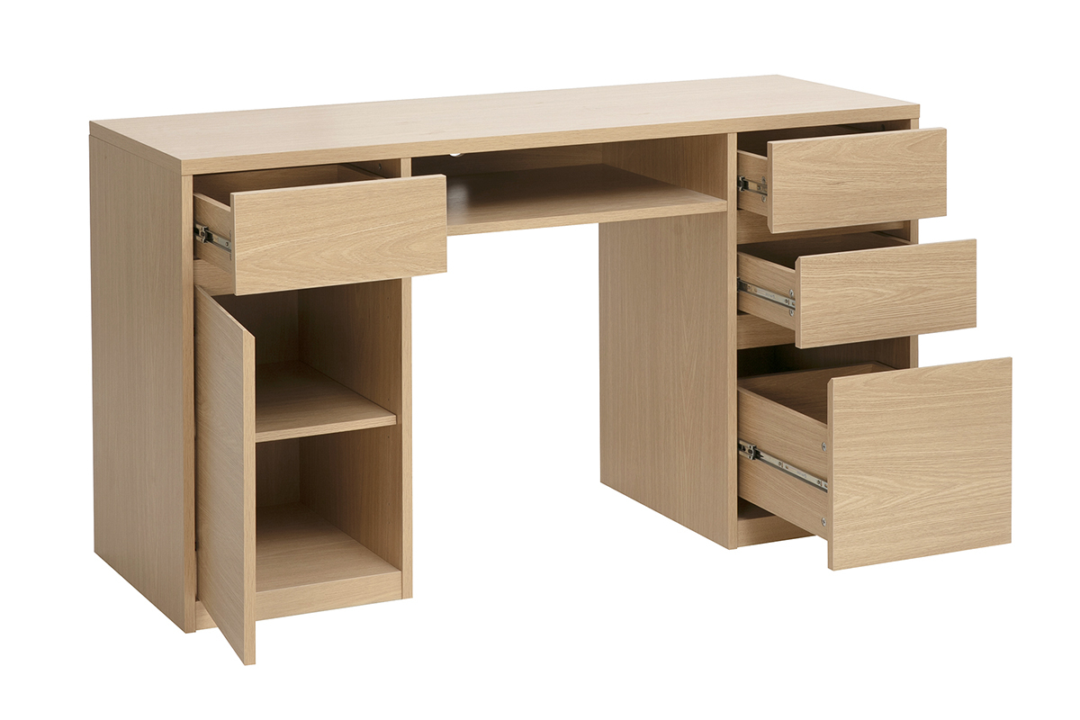 Bureau JEREMIAH avec rangements, finition bois clair ch�ne, vue de 3/4 avec tiroirs ouverts et porte.