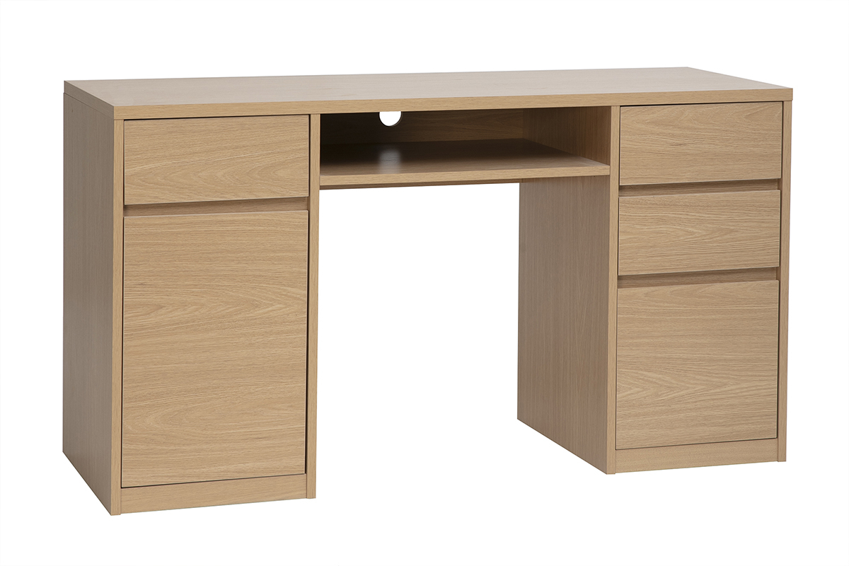 Bureau JEREMIAH finition bois clair ch�ne L140 cm avec rangements et niche centrale, vue de 3/4.