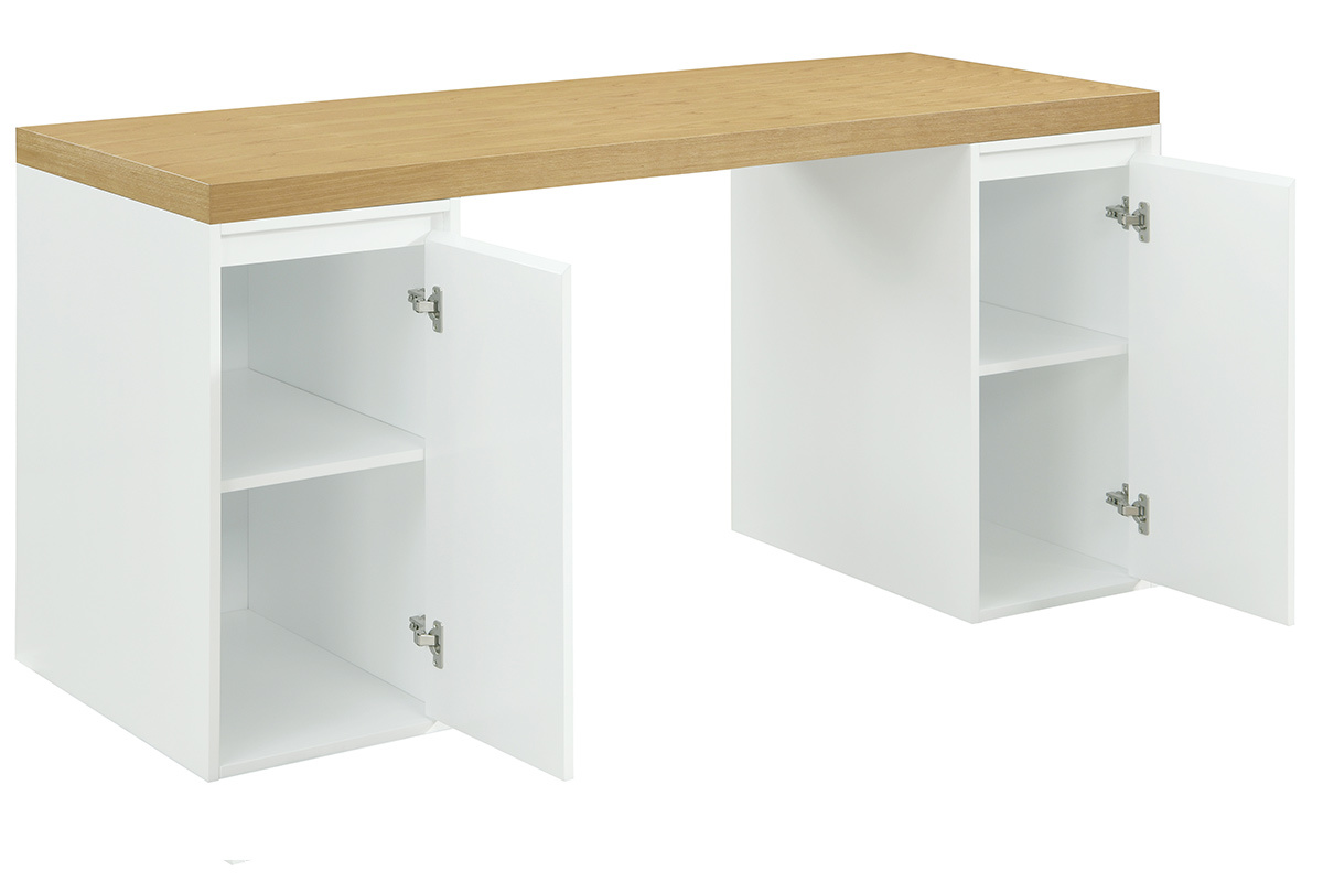 Bureau avec rangements scandinave bois clair et blanc L150 cm RACKEL