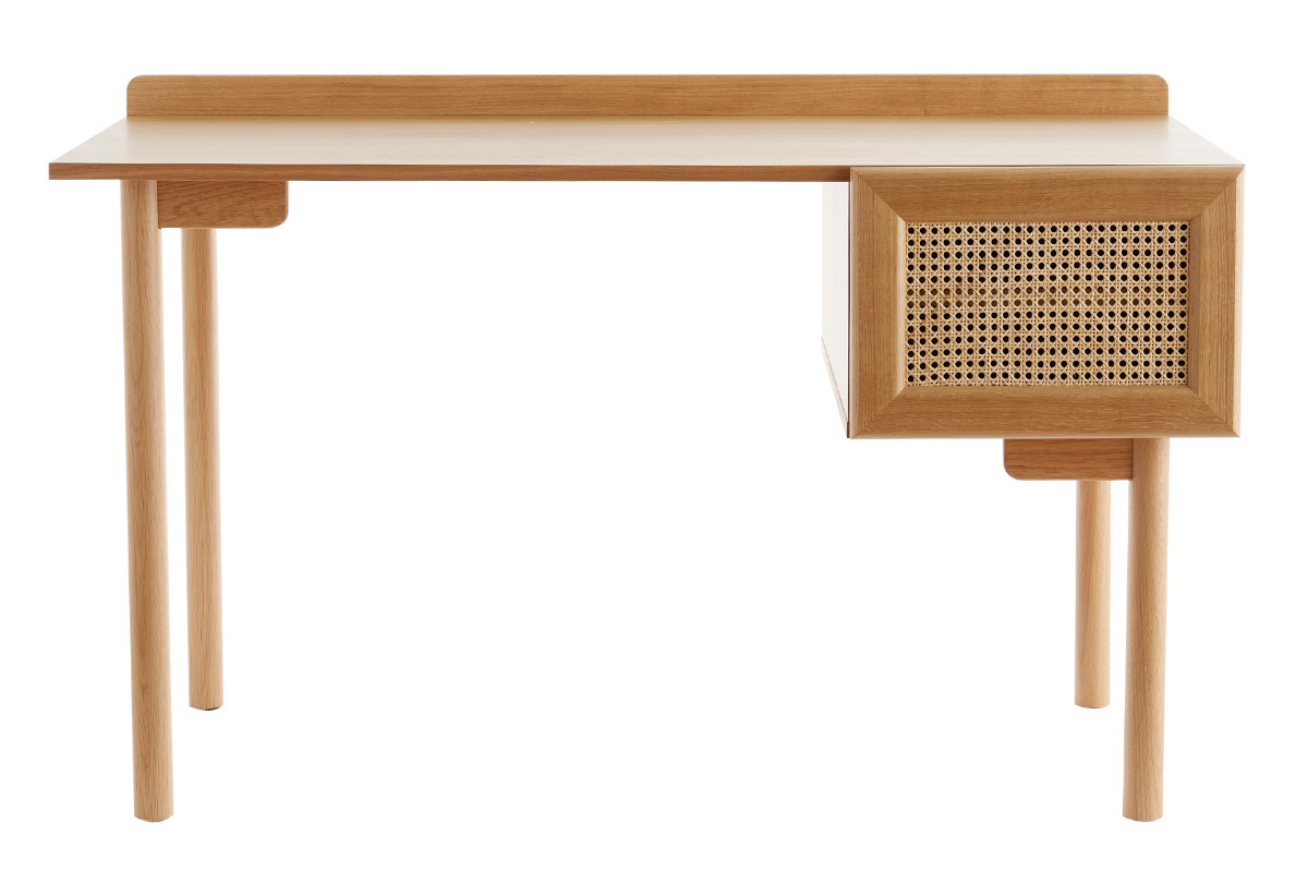 Bureau avec rangements vintage bois clair ch�ne et cannage naturel L130 cm ANTIK