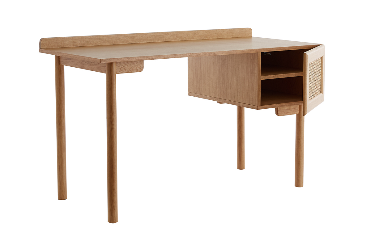 Bureau avec rangements vintage bois clair ch�ne et cannage naturel L130 cm ANTIK