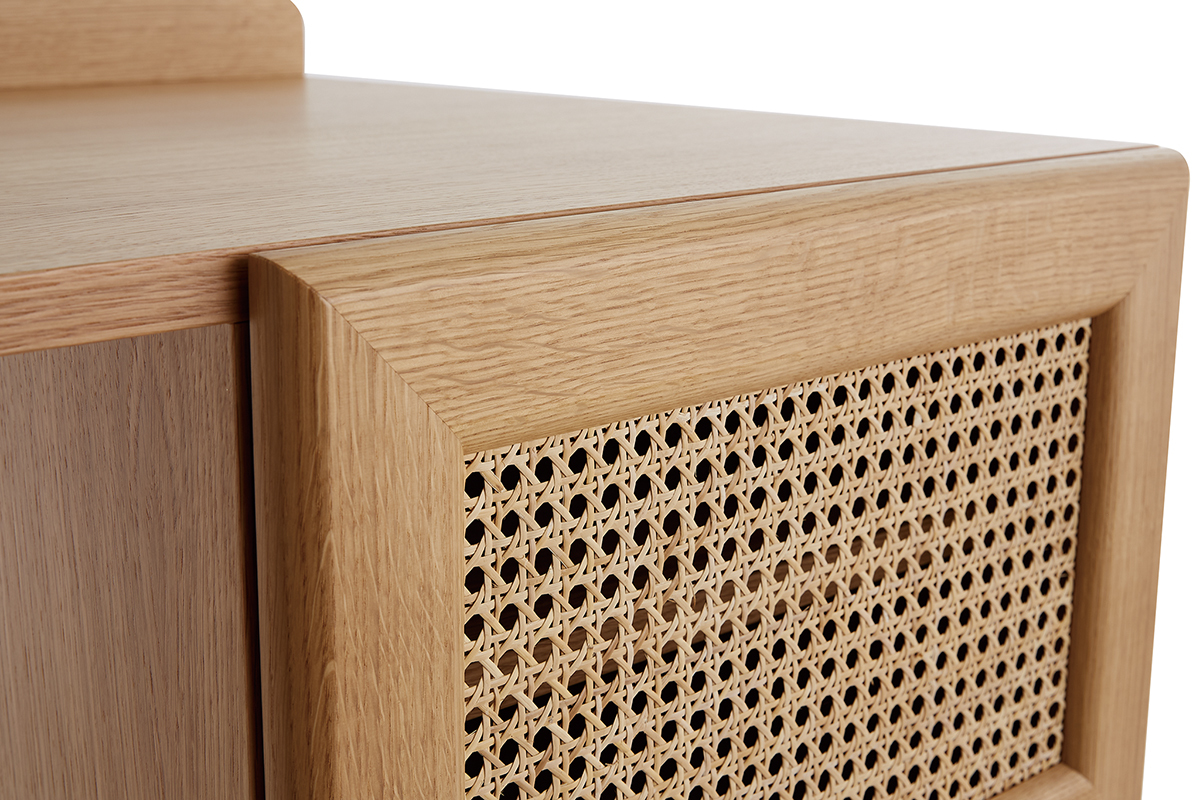 Bureau avec rangements vintage bois clair ch�ne et cannage naturel L130 cm ANTIK