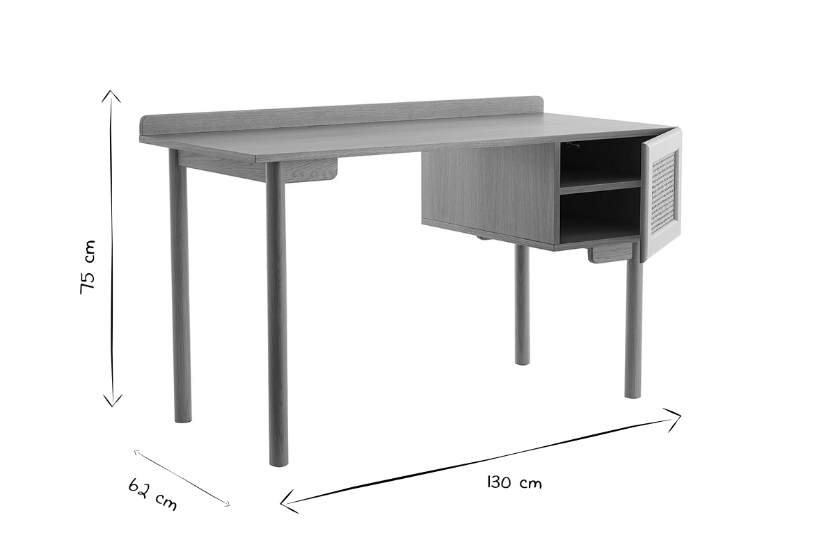Bureau avec rangements vintage bois clair ch�ne et cannage naturel L130 cm ANTIK
