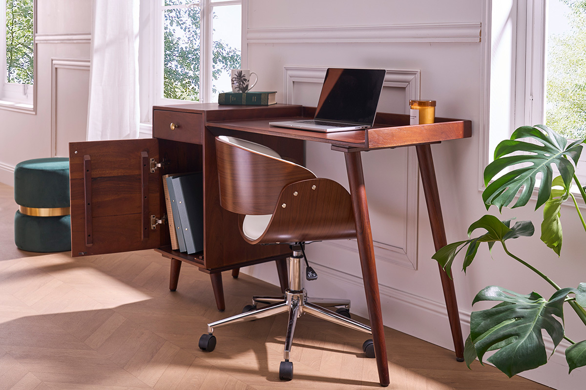 Bureau avec rangements vintage bois massif et mtal dor L130 cm ROBY