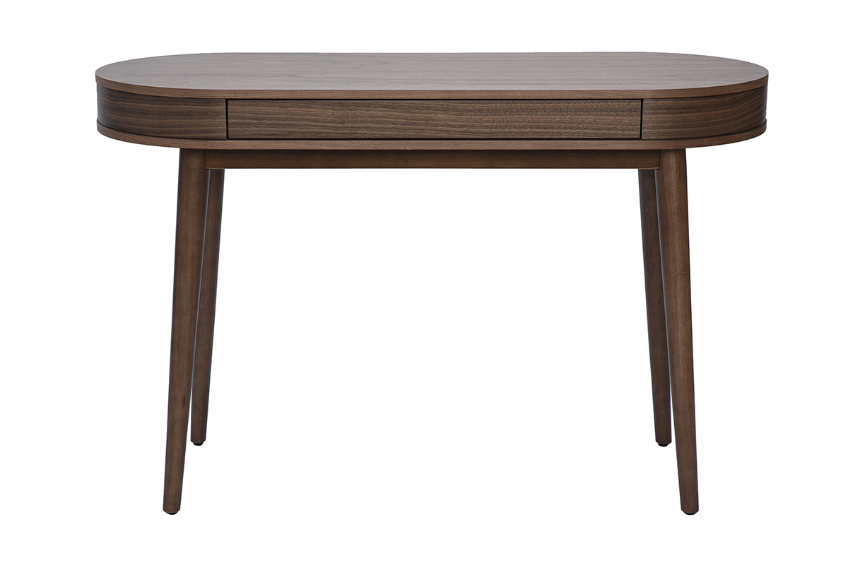 Bureau en bois fonc� L120 cm avec tiroir, vue de face, pieds fusel�s.