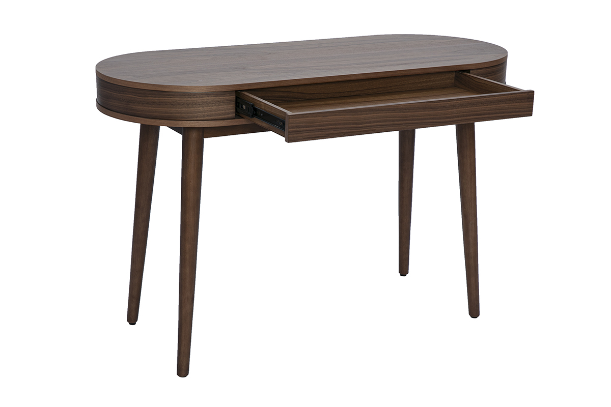 Bureau en bois fonc� JUDITH avec tiroir ouvert, pieds fusel�s en vue 3/4.