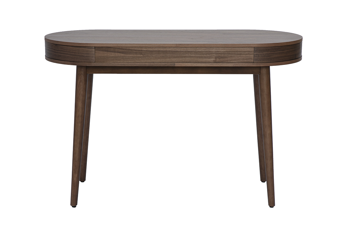 Bureau en bois fonc� avec tiroir, plateau ovale et pieds fusel�s, vue de dos.