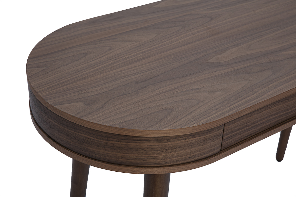 Bureau en bois fonc�, plateau ovale et tiroir, vue zoom�e.