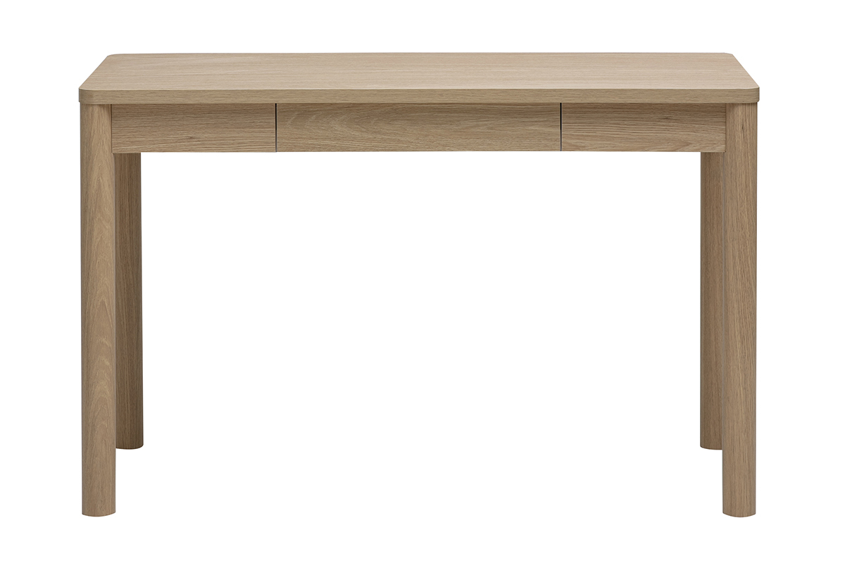 Bureau avec tiroir finition bois clair ch�ne, vue de face, dimensions L120 x P50 x H75.5 cm.