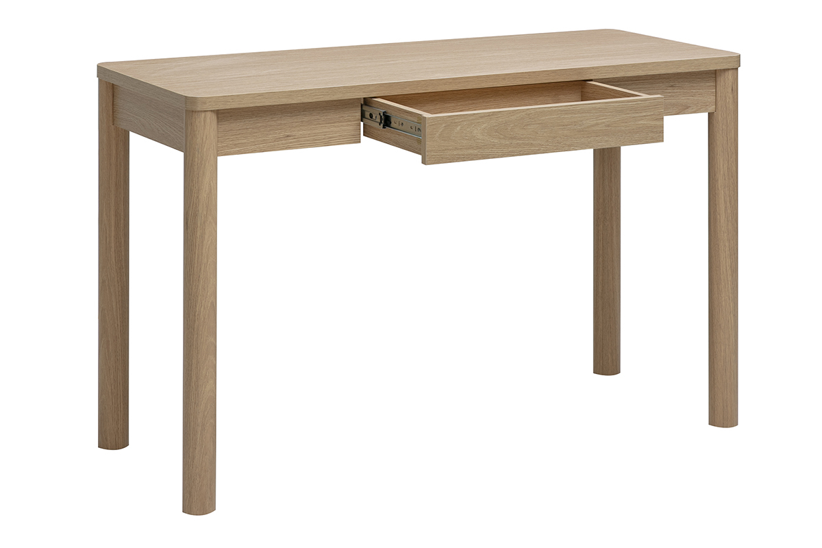 Bureau IZZIE en bois clair avec tiroir, vue de trois quarts, dimensions L120 cm.
