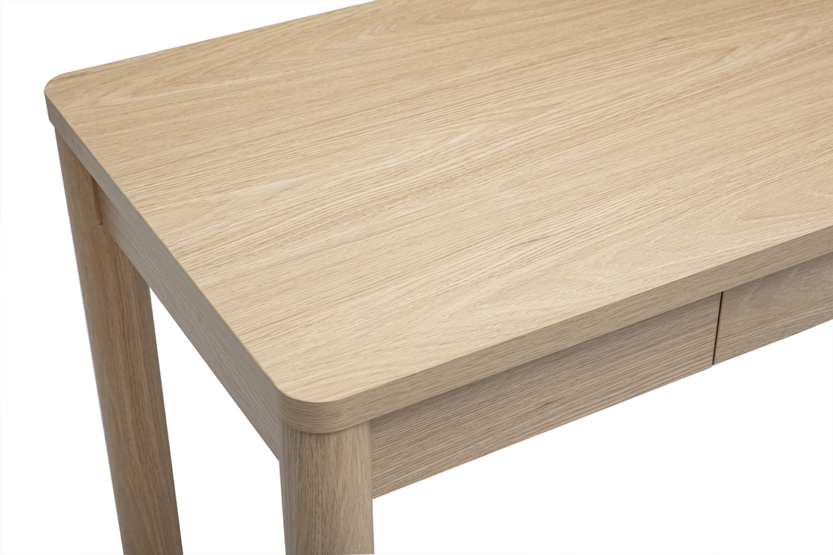 Bureau IZZIE en bois clair avec tiroir, vue de dessus.