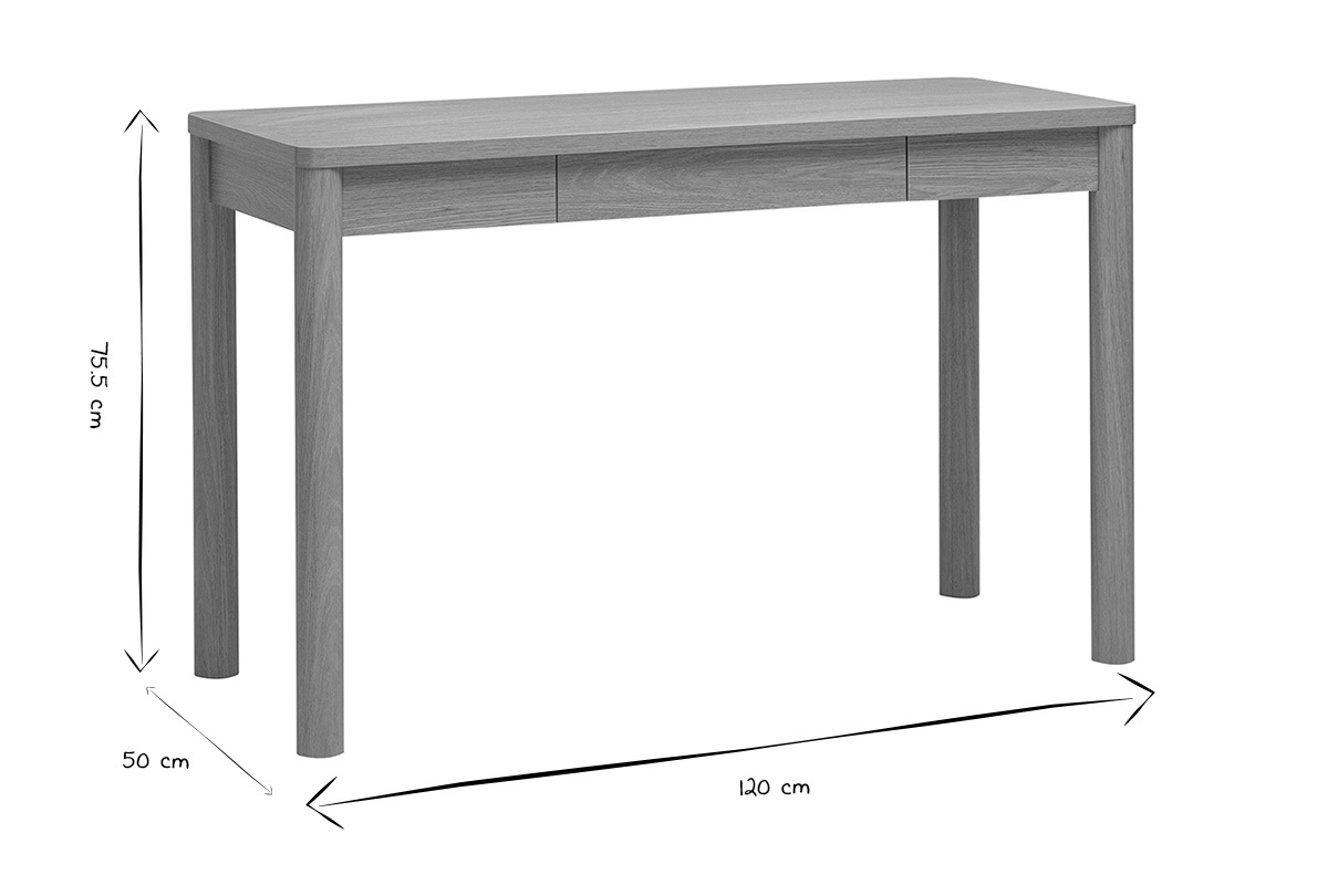 Mesures du bureau IZZIE : L120 x P50 x H75.5 cm, vue de face en noir et blanc.