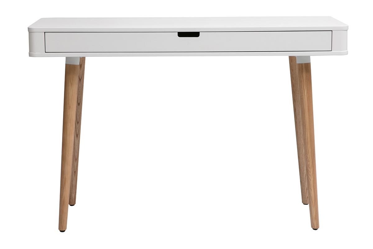Bureau scandinave blanc avec tiroir et pieds en ch�ne, vue de face.