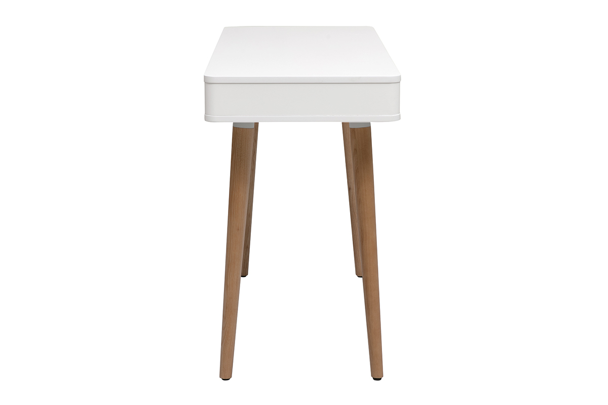 Bureau scandinave blanc et bois clair, vue de c�t�, pieds en ch�ne.