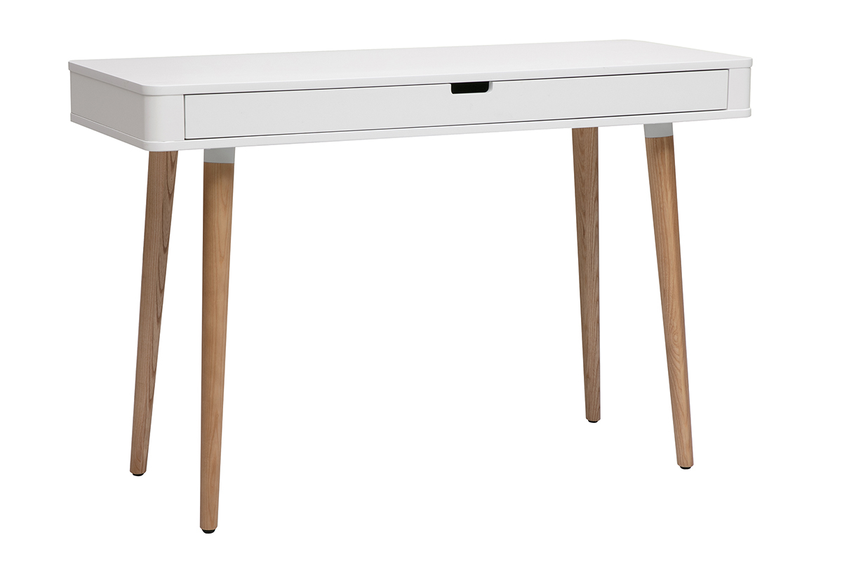 Bureau scandinave blanc avec tiroir et pieds en ch�ne, vue de 3/4.