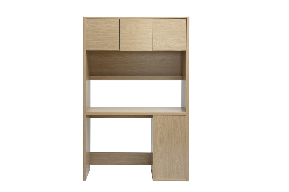 Bureau biblioth�que en bois clair ch�ne avec rangements, mod�le WISSEM, dimensions L115 x P39.5 x H180.3 cm