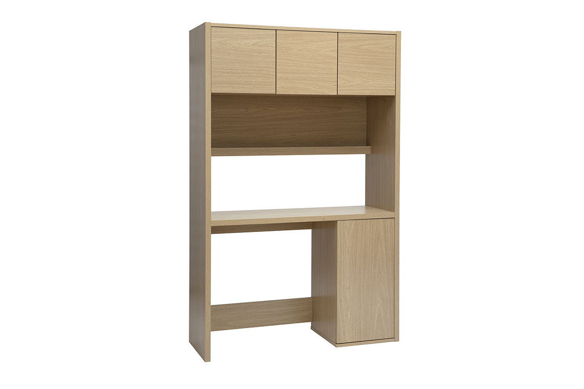 Bureau biblioth�que en bois clair ch�ne L115 cm avec rangements, mod�le WISSEM.