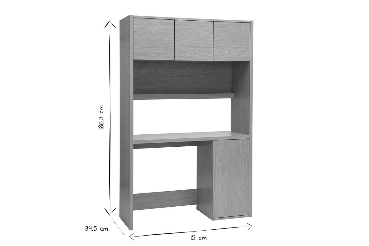 Bureau biblioth�que en bois clair ch�ne avec rangements L115 cm, design �pur�, dimensions not�es sur l'image.