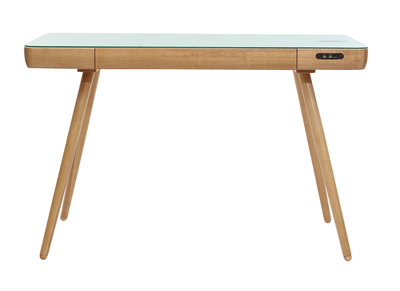 Bureau connecté multimédia avec tiroir en verre et bois clair L120 cm CLEVER