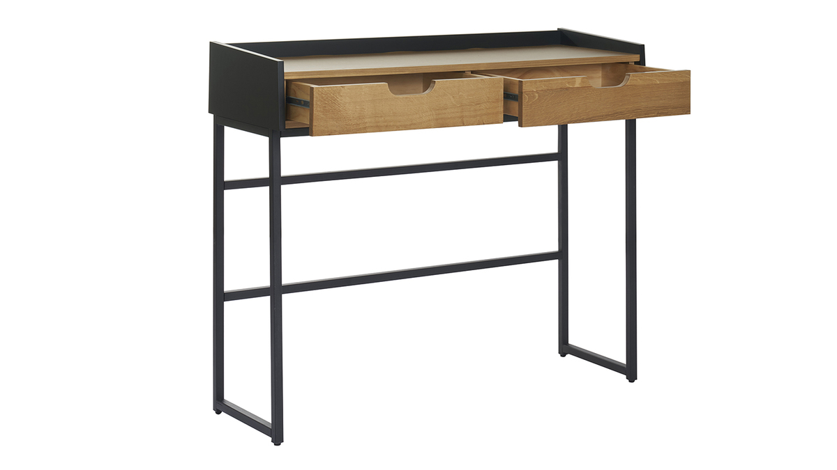 Bureau console avec rangements 2 tiroirs bois chêne clair et métal noir L100 cm RIZZ