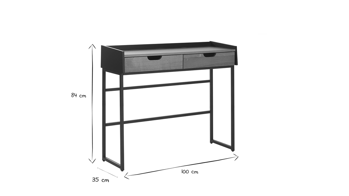 Bureau console avec rangements 2 tiroirs bois chêne clair et métal noir L100 cm RIZZ