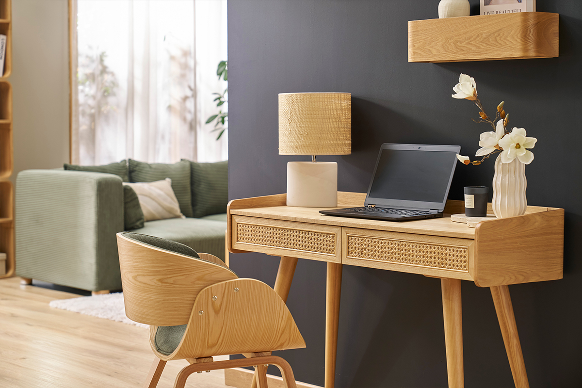 Bureau design avec rangements 2 tiroirs bois clair et cannage rotin L105 cm ELSY